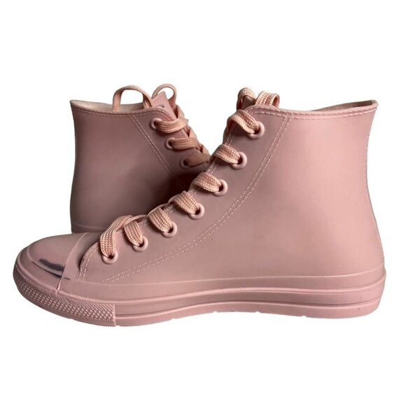 Pink High-Top Rubber Sneakers With Glossy Toe Cap & Lace-Up Closure - Picture 4 of 5